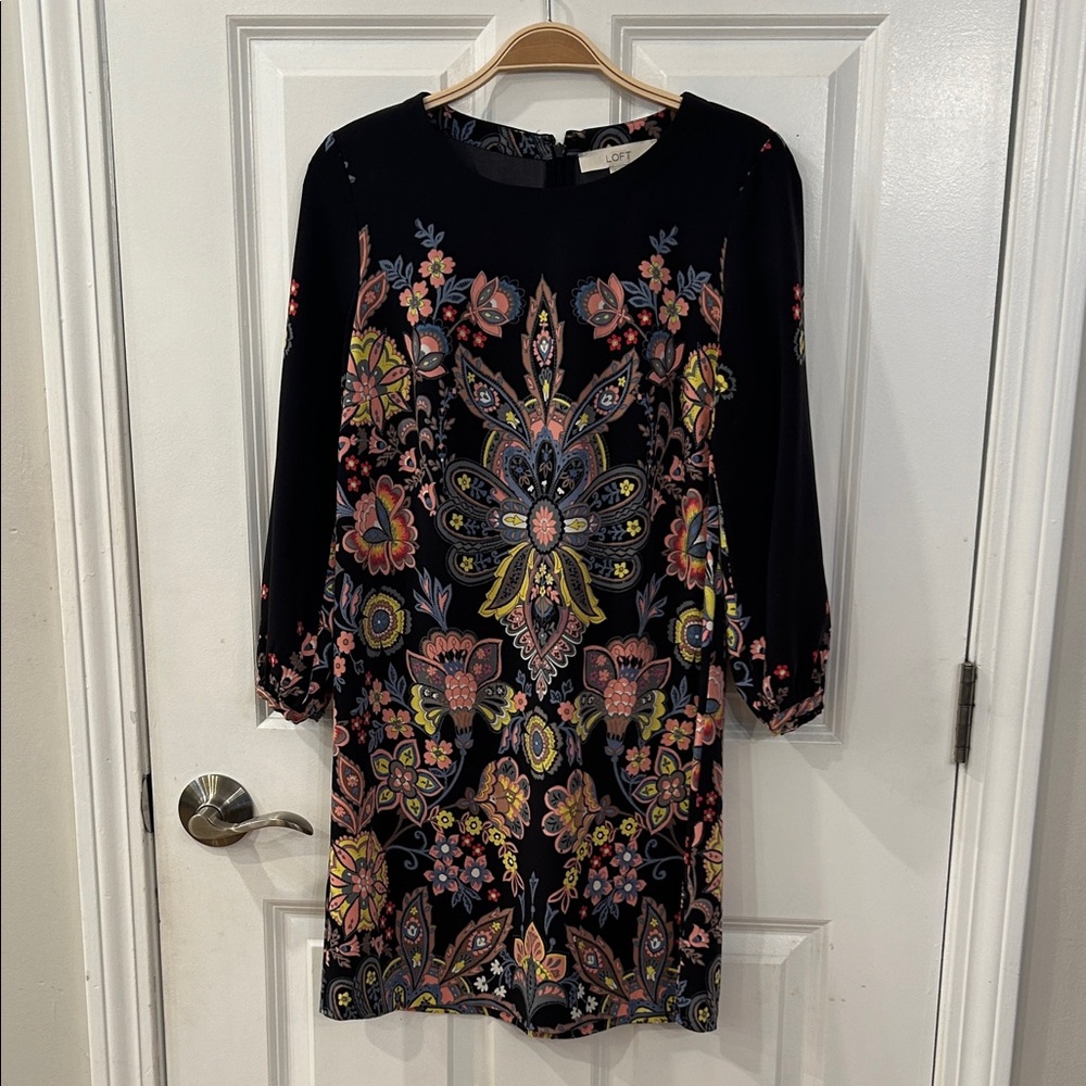 LOFT Black Dress with Colorful Floral Design